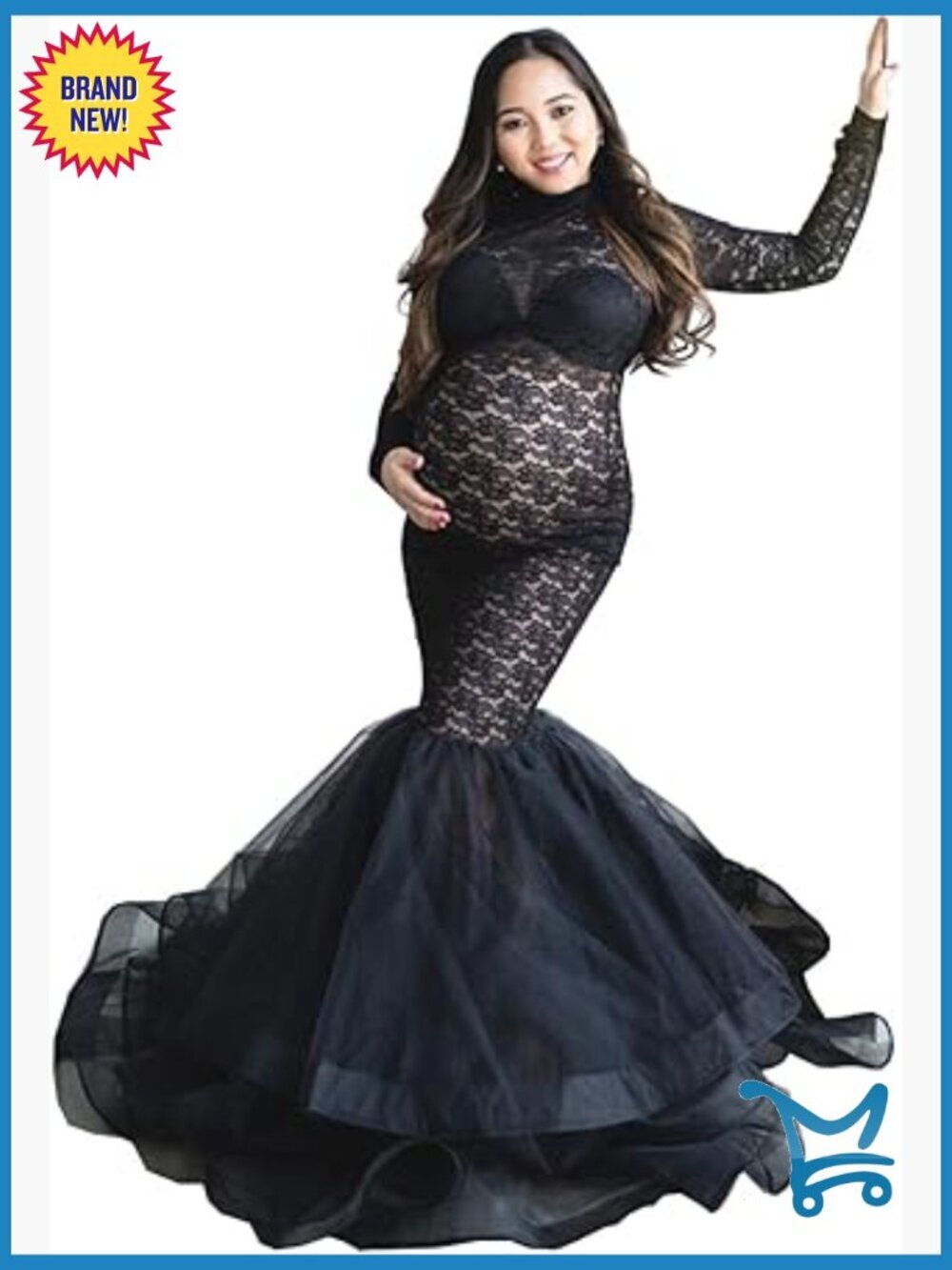 Elegant Lace See-Through Maternity Gown Long Sleeve Tulle Tutu Maxi Dress Photo